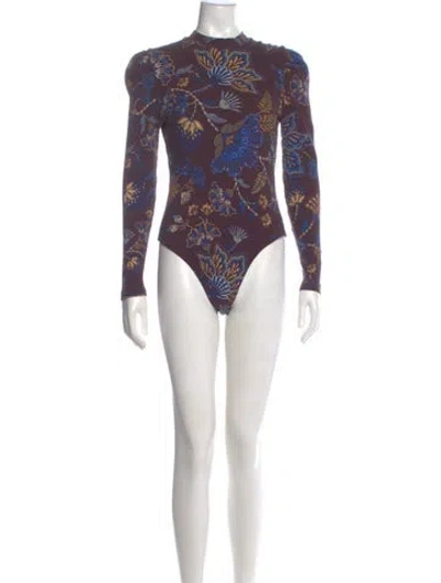 Pre-owned Farm Rio Floral Print Mock Neck Bodysuit In Purple