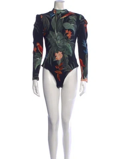 Pre-owned Farm Rio Floral Print Mock Neck Bodysuit W/ Tags In Blue