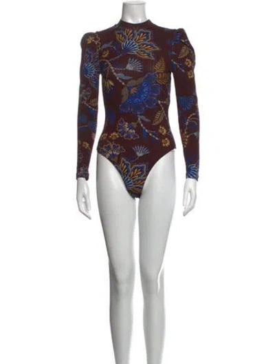Pre-owned Farm Rio Floral Print Mock Neck Bodysuit W/ Tags In Purple