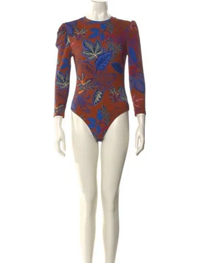Pre-owned Farm Rio Floral Print Mock Neck Bodysuit In Yellow