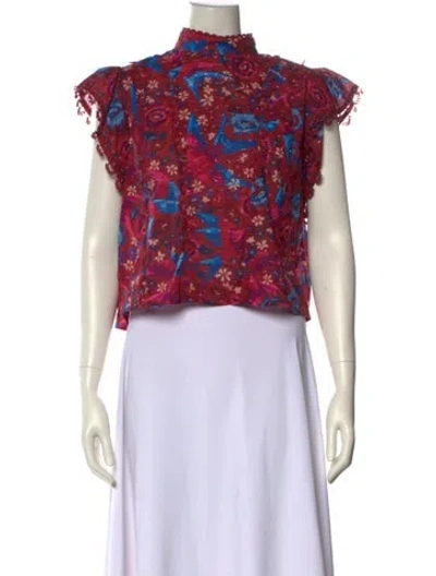 Pre-owned Farm Rio Floral Print Mock Neck Crop Top In Red