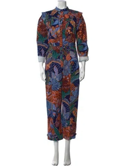 Pre-owned Farm Rio Floral Print Mock Neck Jumpsuit In Blue