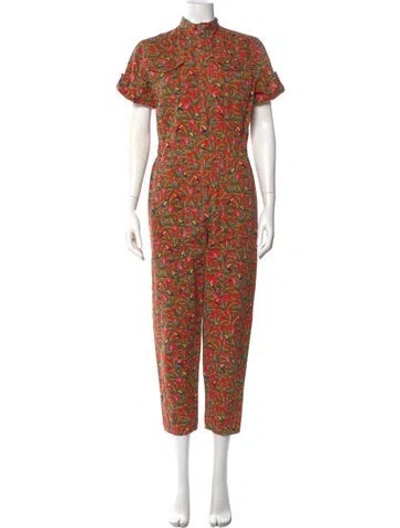 Pre-owned Farm Rio Floral Print Mock Neck Jumpsuit In Red