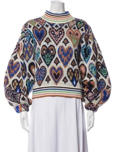 Pre-owned Farm Rio Floral Print Mock Neck Sweater In Blue