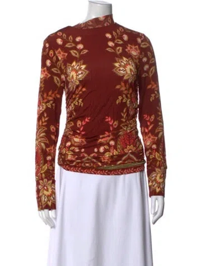 Pre-owned Farm Rio Floral Print Mock Neck Top In Red