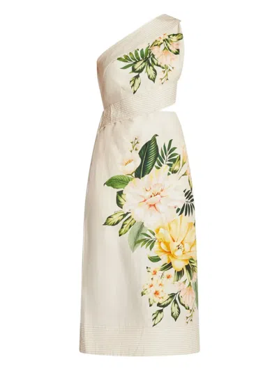 Farm Rio Floral-print One-shoulder Midi Dress In White