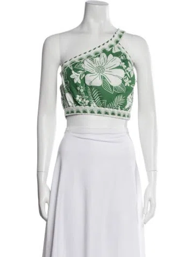 Pre-owned Farm Rio Floral Print One-shoulder Crop Top In Green