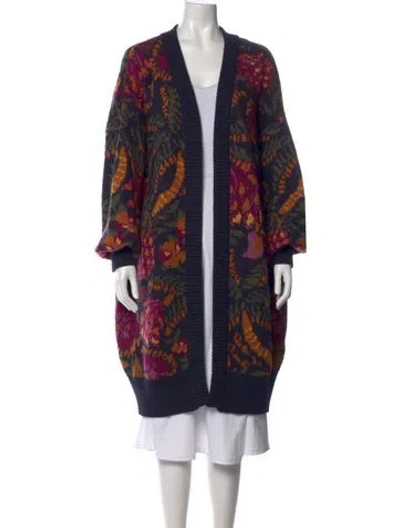 Pre-owned Farm Rio Floral Print Open Front Sweater In Blue