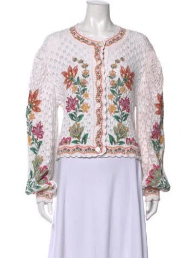 Pre-owned Farm Rio Floral Print Open Front Sweater In White