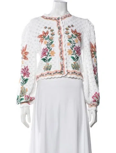 Pre-owned Farm Rio Floral Print Open Front Sweater In White
