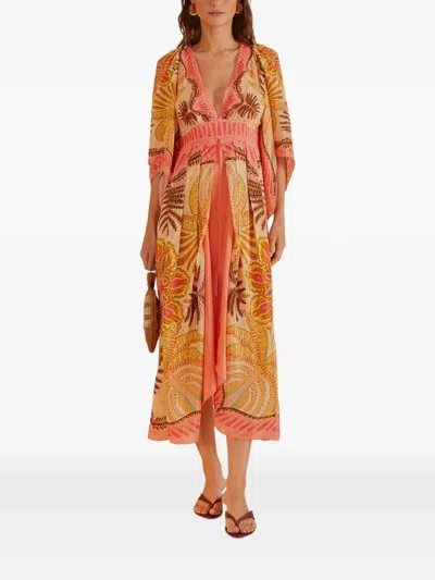 Farm Rio Floral-print Pleated Maxi Dress In Brown