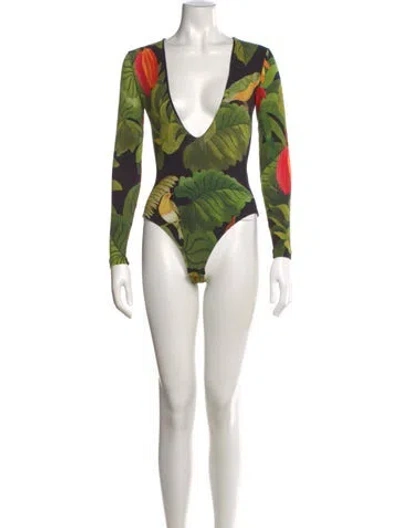 Pre-owned Farm Rio Floral Print Plunge Neckline Bodysuit In Green