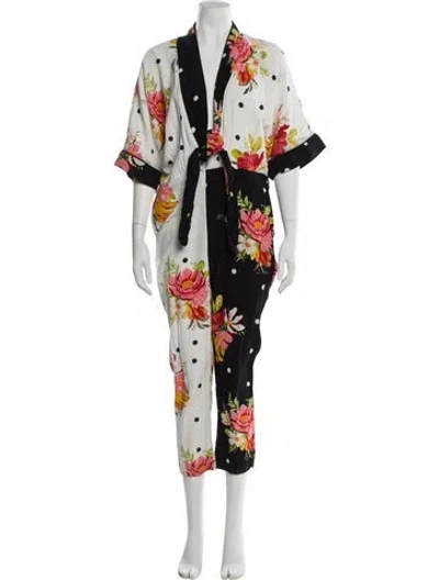 Pre-owned Farm Rio Floral Print Plunge Neckline Jumpsuit In Black