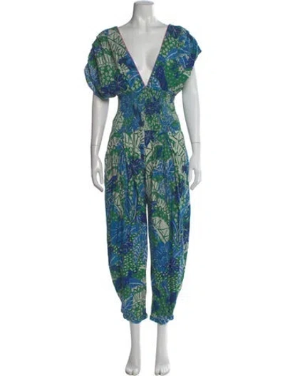 Pre-owned Farm Rio Floral Print Plunge Neckline Jumpsuit In Green