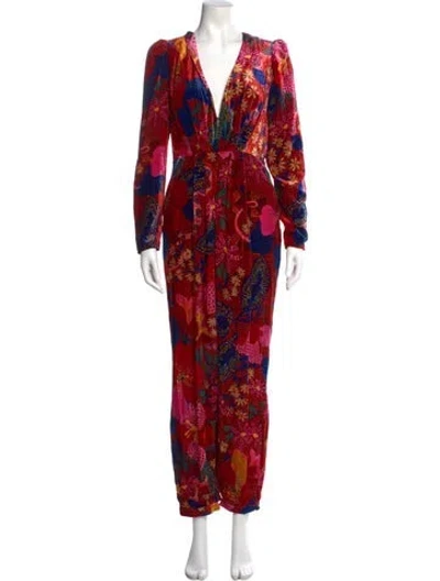 Pre-owned Farm Rio Floral Print Plunge Neckline Jumpsuit In Red