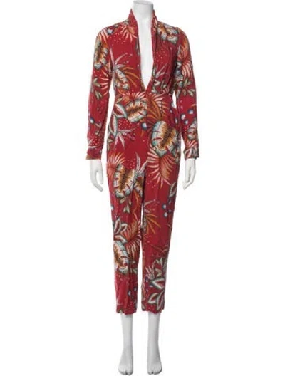 Pre-owned Farm Rio Floral Print Plunge Neckline Jumpsuit In Red