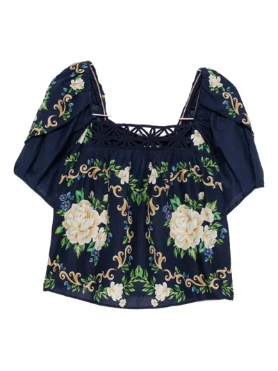 Farm Rio Floral-print Puff-sleeve Blouse In Blue