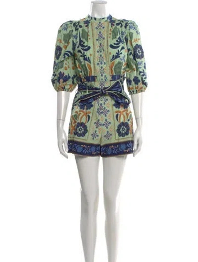 Pre-owned Farm Rio Floral Print Romper In Green