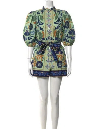 Pre-owned Farm Rio Floral Print Romper In Green
