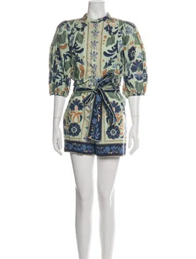 Pre-owned Farm Rio Floral Print Romper In Green