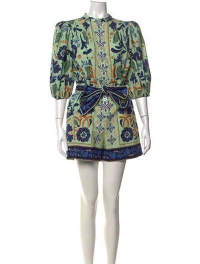 Pre-owned Farm Rio Floral Print Romper In Green