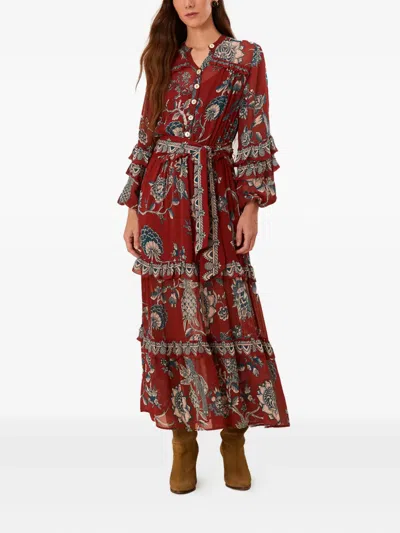 Farm Rio Floral-print Ruffled Midi Day Dress In Red