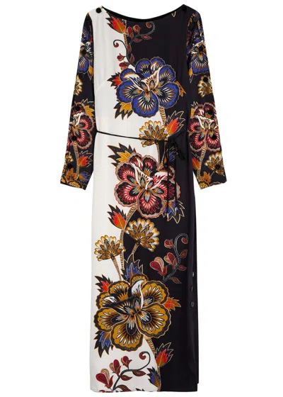 Farm Rio Floral-print Satin Midi Dress In Black