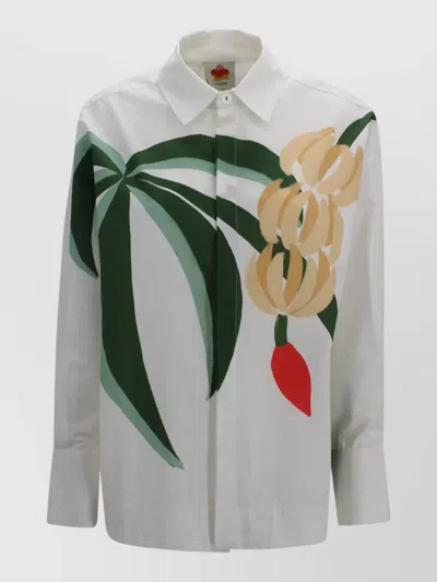 Farm Rio Floral Print Shirt Curved Hem Long Sleeves In White