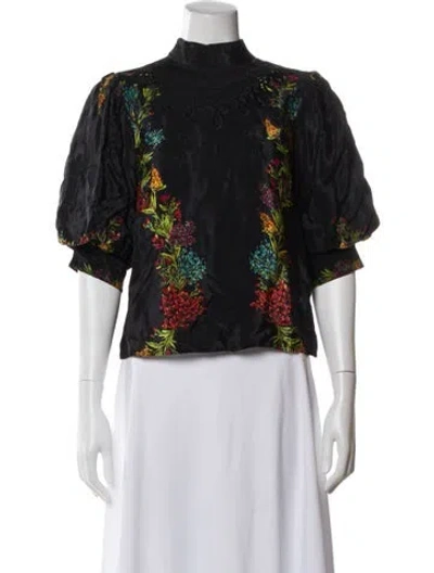 Pre-owned Farm Rio Floral Print Short Sleeve Blouse In Black