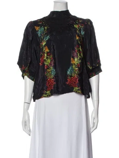Pre-owned Farm Rio Floral Print Short Sleeve Blouse In Black