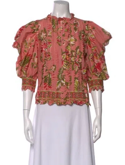 Pre-owned Farm Rio Floral Print Short Sleeve Blouse In Pink