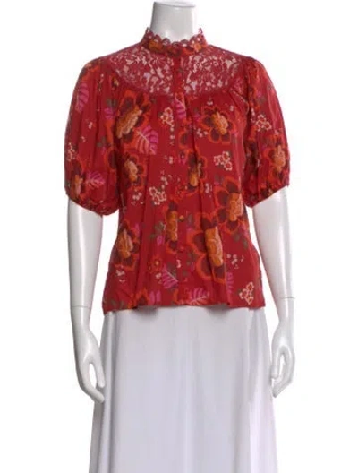 Pre-owned Farm Rio Floral Print Short Sleeve Blouse In Red