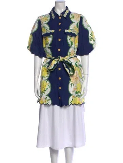 Pre-owned Farm Rio Floral Print Short Sleeve Button-up Top In Blue
