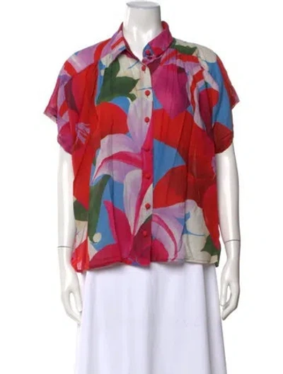 Pre-owned Farm Rio Floral Print Short Sleeve Button-up Top In Multi