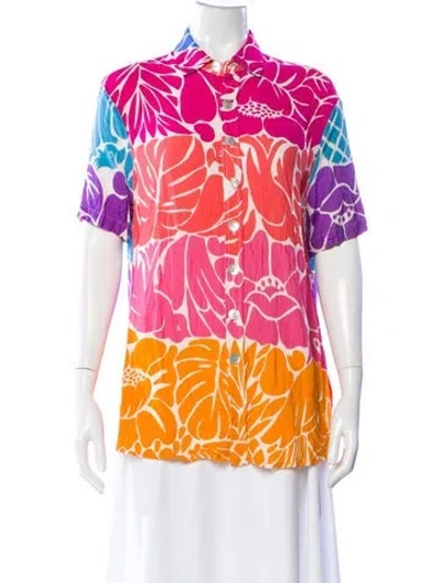 Pre-owned Farm Rio Floral Print Short Sleeve Button-up Top In Pink