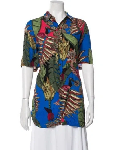 Pre-owned Farm Rio Floral Print Short Sleeve Button-up Top W/ Tags In Blue
