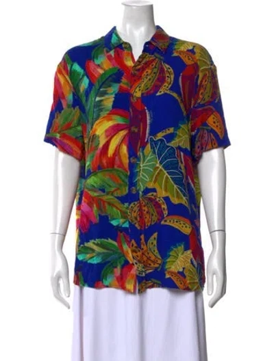 Pre-owned Farm Rio Floral Print Short Sleeve Top In Blue
