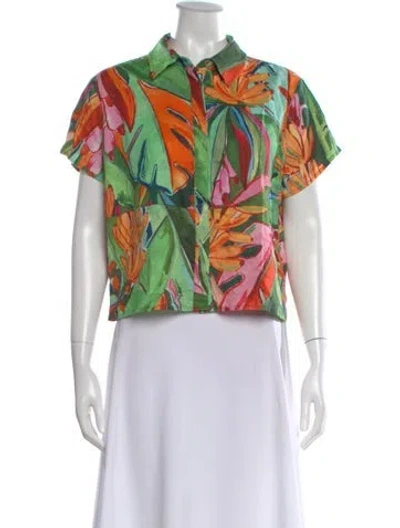 Pre-owned Farm Rio Floral Print Short Sleeve Top In Green