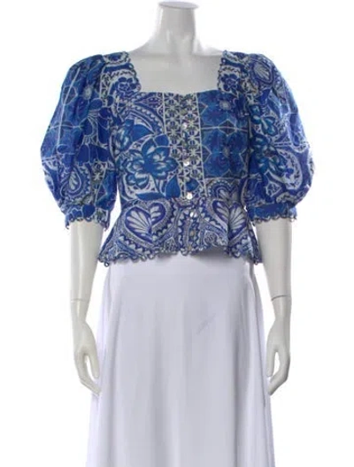 Pre-owned Farm Rio Floral Print Square Neckline Blouse In Blue