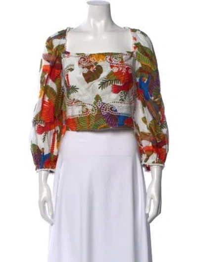 Pre-owned Farm Rio Floral Print Square Neckline Blouse In White