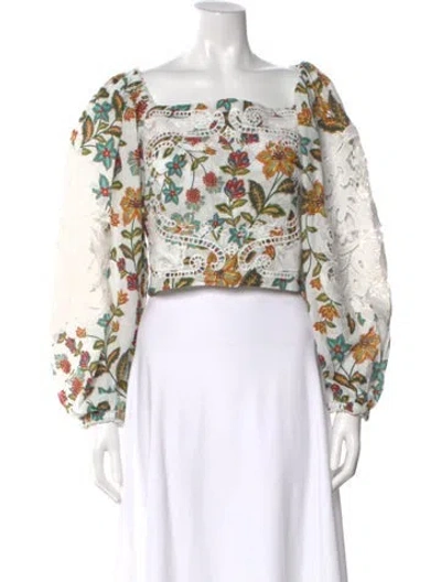Pre-owned Farm Rio Floral Print Square Neckline Crop Top In White