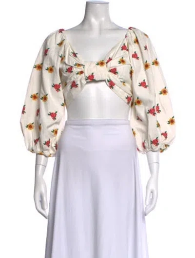 Pre-owned Farm Rio Floral Print Square Neckline Crop Top In White
