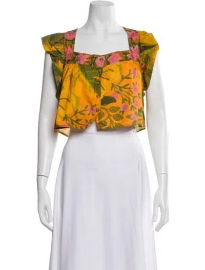 Pre-owned Farm Rio Floral Print Square Neckline Crop Top In Yellow