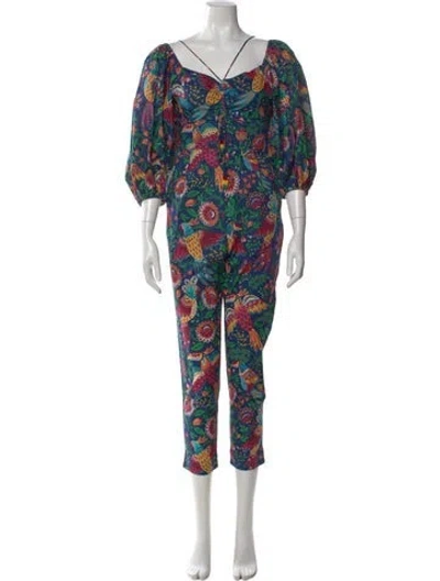 Pre-owned Farm Rio Floral Print Square Neckline Jumpsuit In Blue