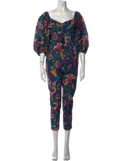 Pre-owned Farm Rio Floral Print Square Neckline Jumpsuit In Blue