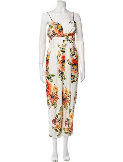 Pre-owned Farm Rio Floral Print Square Neckline Jumpsuit In White