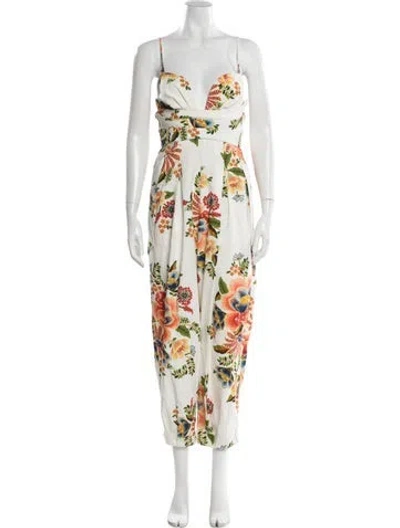 Pre-owned Farm Rio Floral Print Square Neckline Jumpsuit In White