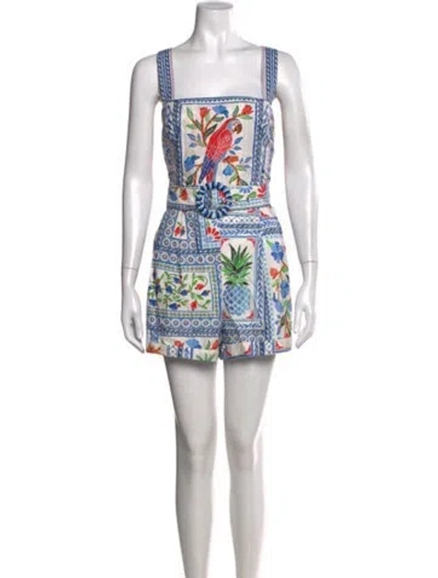 Pre-owned Farm Rio Floral Print Square Neckline Romper In Blue