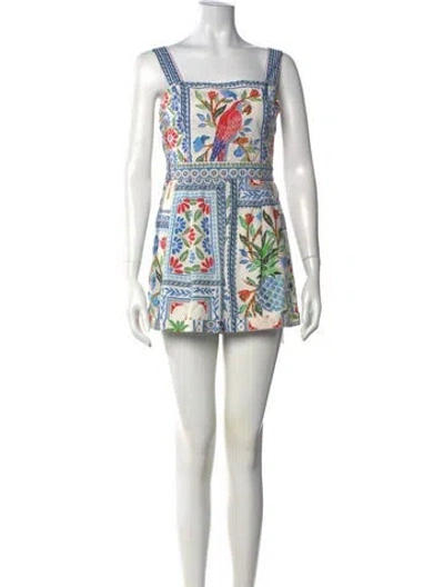 Pre-owned Farm Rio Floral Print Square Neckline Romper In Blue