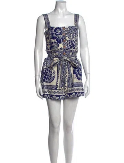 Pre-owned Farm Rio Floral Print Square Neckline Romper In Blue